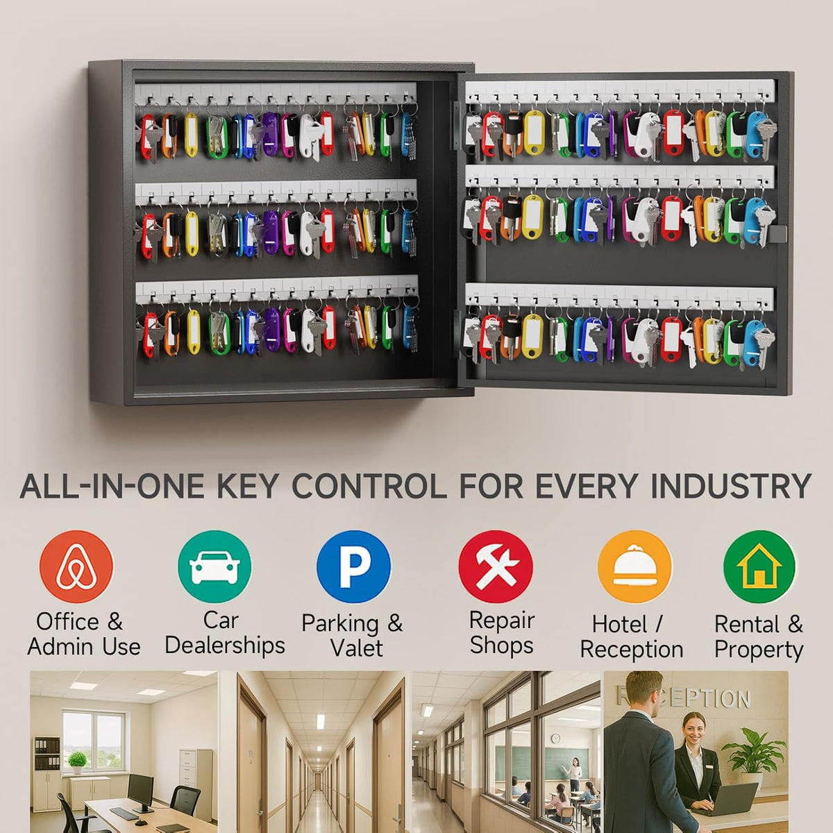 WeHere Key Lock Box for 90 Keys, Wall Mount Key Cabinet with Color Key Tags, Steel Key Storage Box with Lock, Key Holder Organizer for Home, Office, Apartment, Property Management