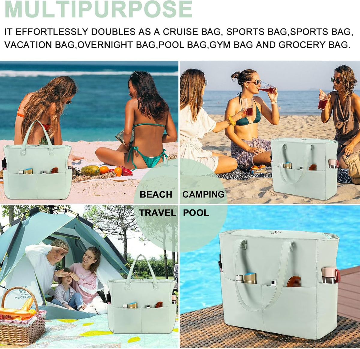 Waterproof Beach Tote Pool Bags for Women Ladies Extra Large Gym Tote Carry On Bag With Wet Compartment for Weekender Travel