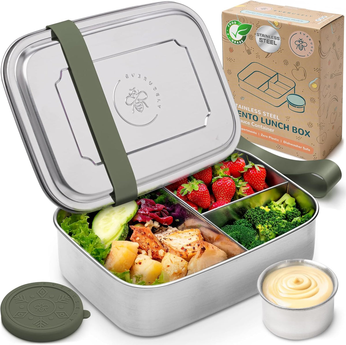 Everusely - Bento Box - Sage, 60oz / 1.8 L - Stainless Steel Lunch Box with Leakproof Condiment Container - 3 Compartment Snack Organizer for On the Go Meals - Freezer & Dishwasher Safe