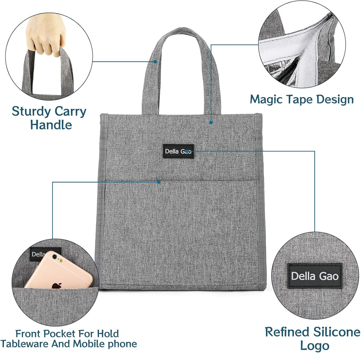 Della Gao Insulated Lunch Bag for Women Men, Waterproof Small Lunch Tote Lunch Box, Reusable Lunch Bags for Work, Party, Travel and Picnic (Gray)
