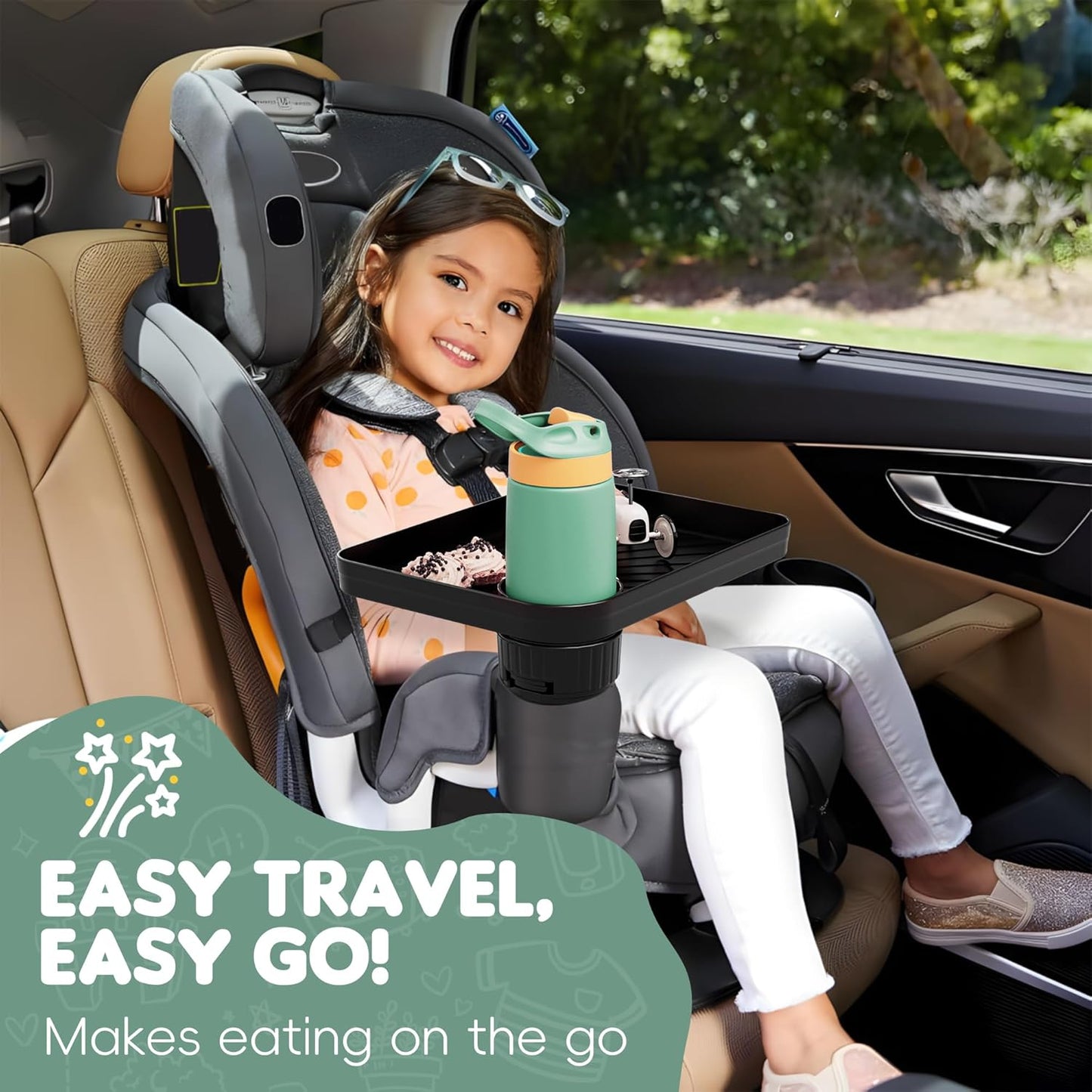 2 Pack Upgraded Car Seat Tray for Kids Car Seat Tray with Expandable Base for Snacks, Toys, Books, Entertainment Kids Travel Essentials Fits 2.8''-3.2'' Cup Holders (2, Standard Base)