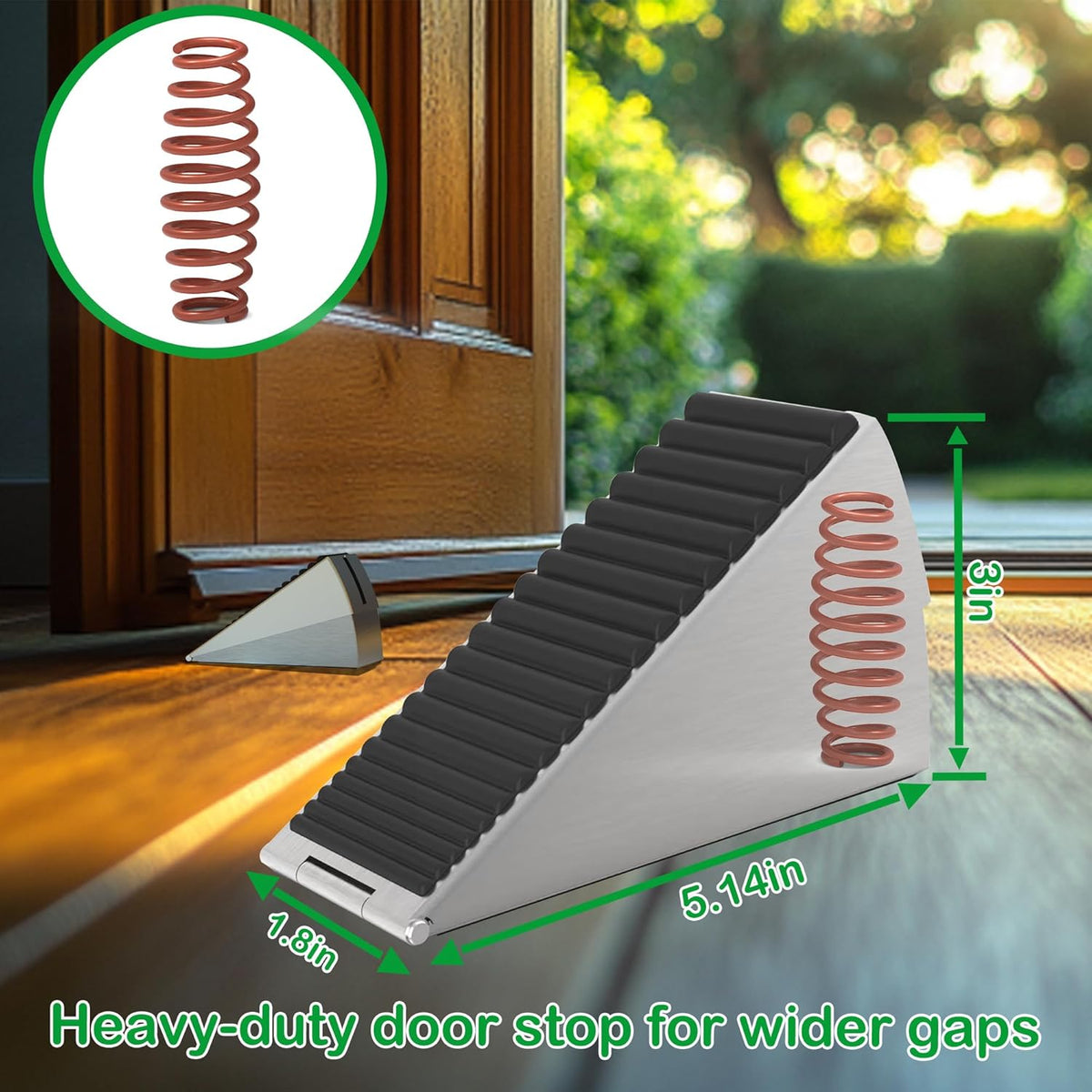 Door Stoppers for Bottom of Door Heavy Duty Adjustable Spring Loaded Rubber Wedge 0.2-3" Stackable Set–1 Large + 2 Small, Non-Slip Base, Security Door Stopper for Interior/Exterior/Home/Office