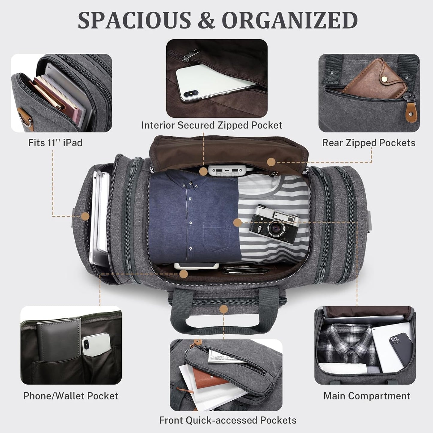 Gonex Canvas Duffle Bag for Travel 50L Expandable Duffel Weekend Overnight Bag men (Gray)