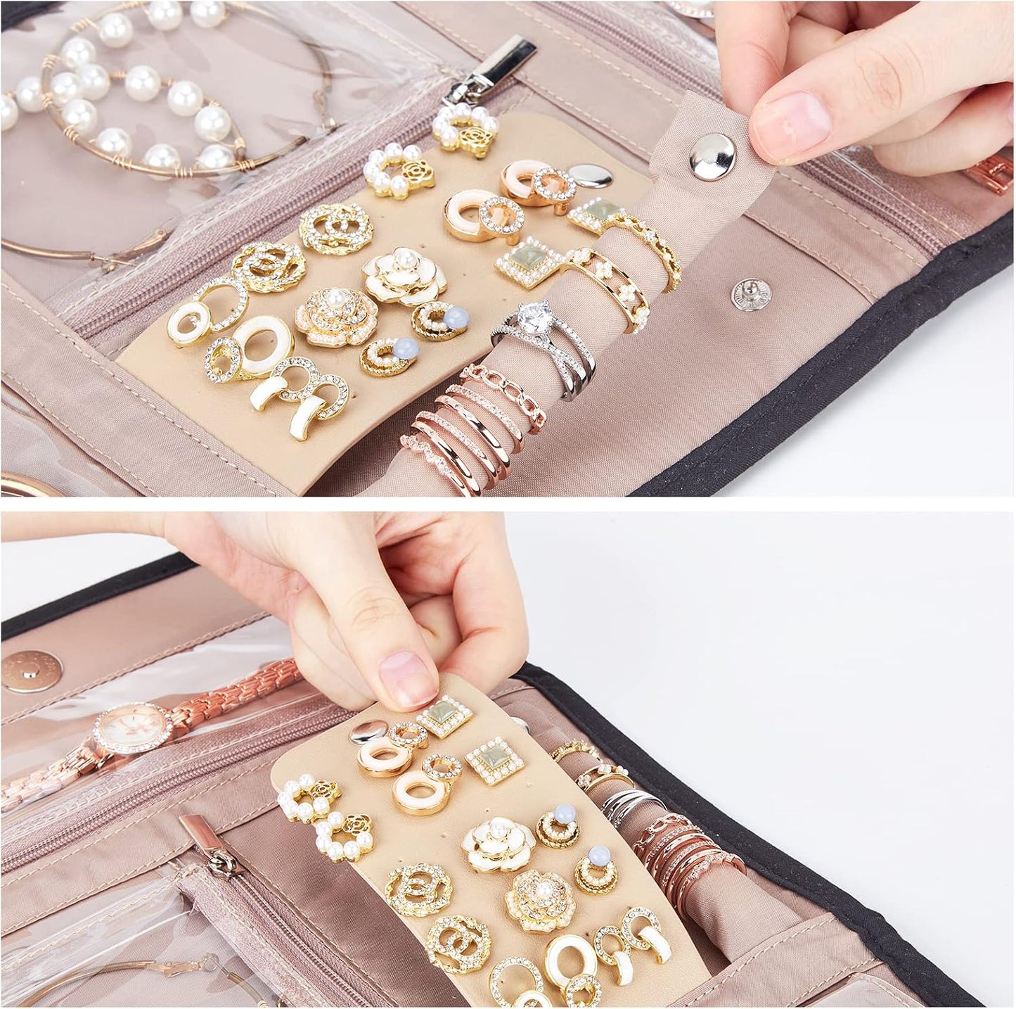 BELALIFE Travel Jewelry Case Organizer, Medium Foldable Storage Roll for Earrings, Necklaces, Rings, Bracelets, Brooches, Black