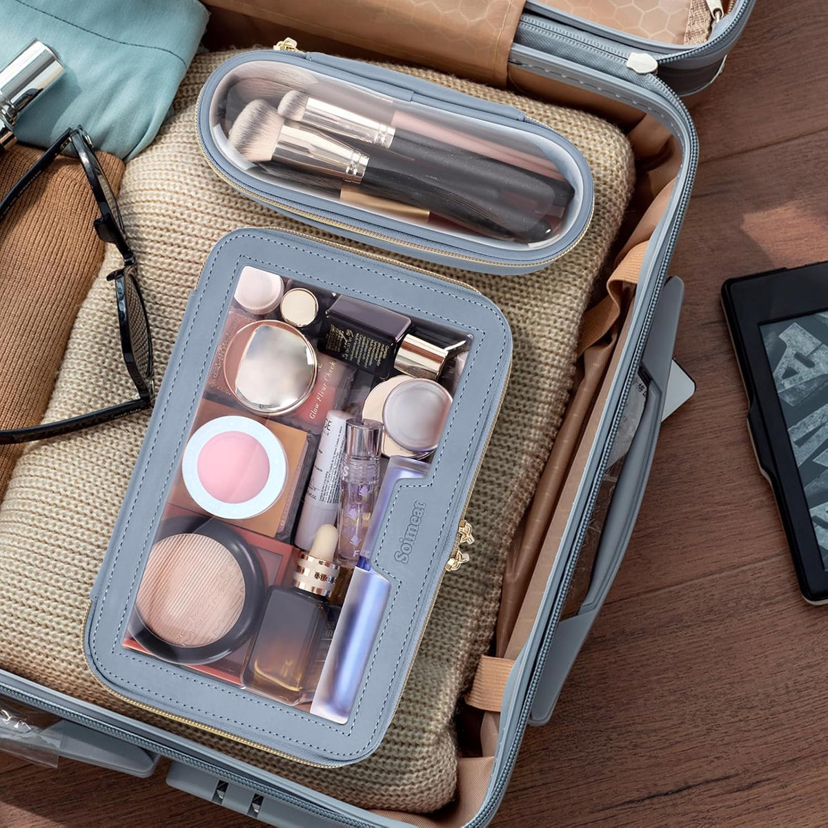 Travel Clear Makeup Bag with Makeup Brush Bag, Leather Makeup Case Toiletry Bag, Portable Cosmetic Bag Case, Transparent Waterproof Cosmetic Organizer Storage Bag for Women, Blue