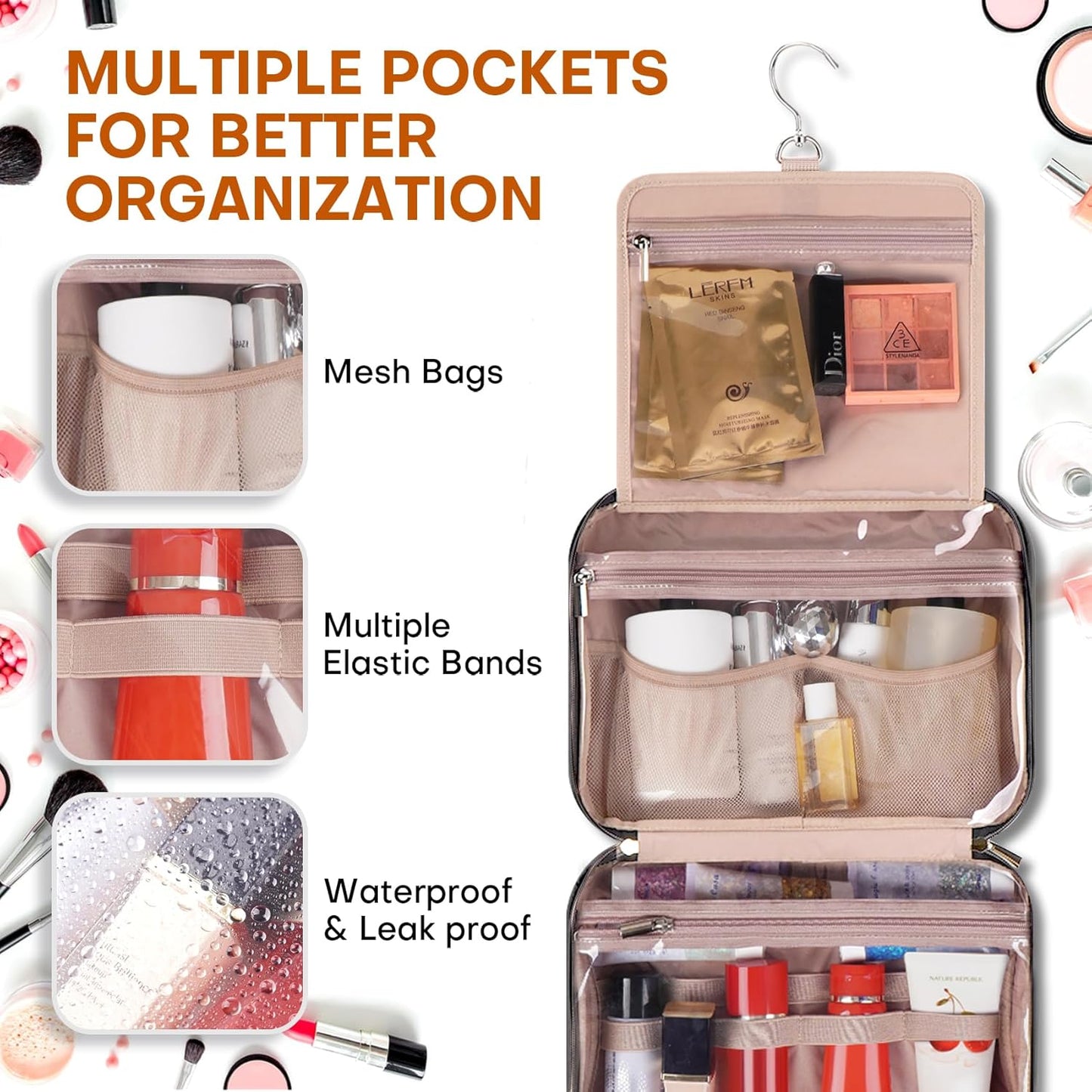 Hanging Toiletry Bag for Women Travel, 2 Sizes Large & Small Waterproof Cosmetic Organizer with 4 Compartments, Rotating Hook, Foldable Pink Travel Bag for Toiletries & Makeup - Large Black
