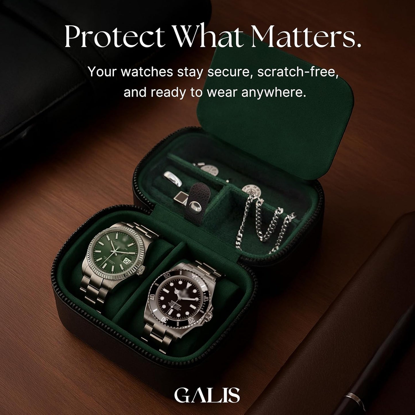 Galis Luxury Watch Case for Men High End Portable 2-Slot Watch Holder and Watch Case for Travel, Premium Watch Box for Men, Jewelry Storage Organizer, Gift for Him, Fathers, Husband (Black & Green)