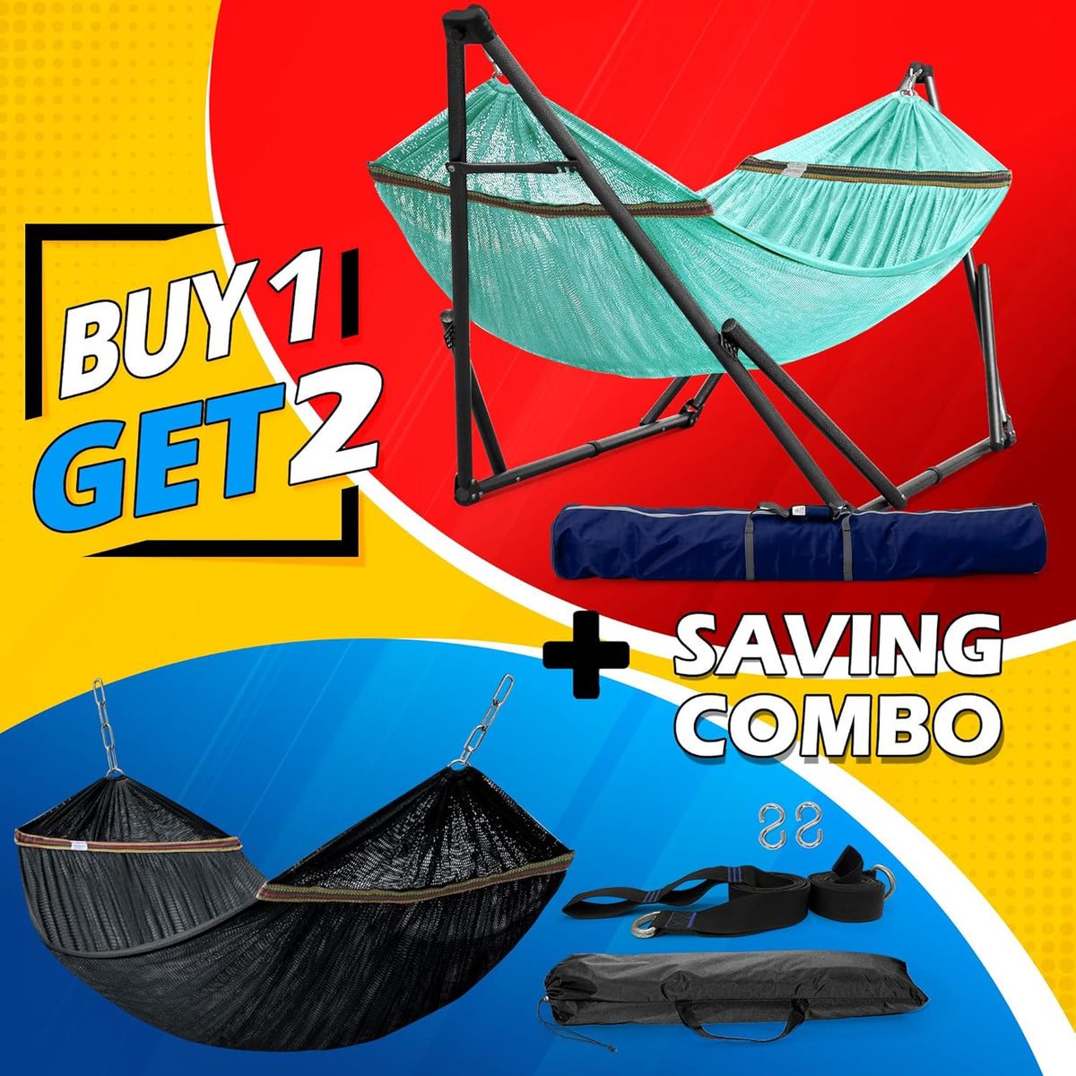 Tranquillo Combo x2 Hammocks with Stand for Outside & Tree Straps, Heavy Duty Hammock with Stand 600lbs for Indoor Outdoor Patio Backyard, x2 Hammocks for 2 Person, Portable Carrying Bags, Sky