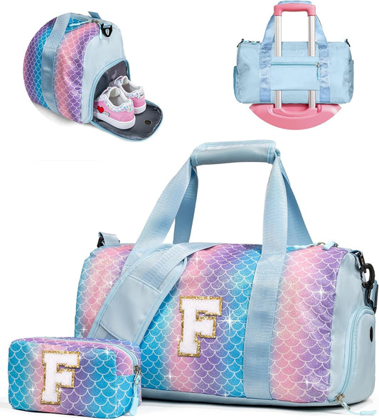 Dorm Room Essentials for Girls-Girl Gym Bag with Shoe Compartment, Kid Personalized Weekender Overnight Bags, Initial Travel Tote with Makeup Pouch, Preppy Stuff Gifts for Kids (Letter F)