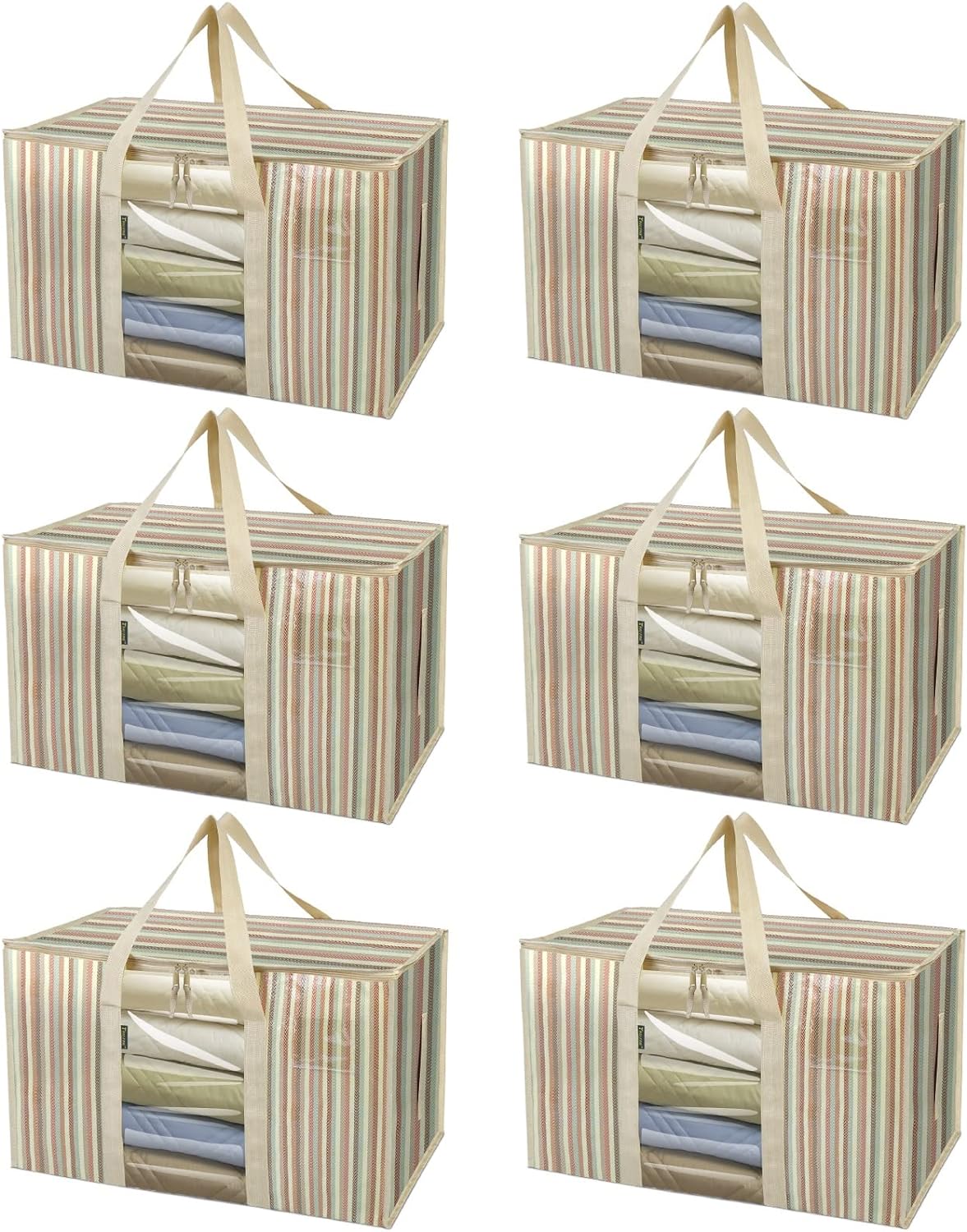 BALEINE 6-Pack Oversized Moving Bags with Reinforced Handles, Heavy-Duty Storage Tote for Clothes, Moving Supplies (Color Stripe with Window, 6-Pack)