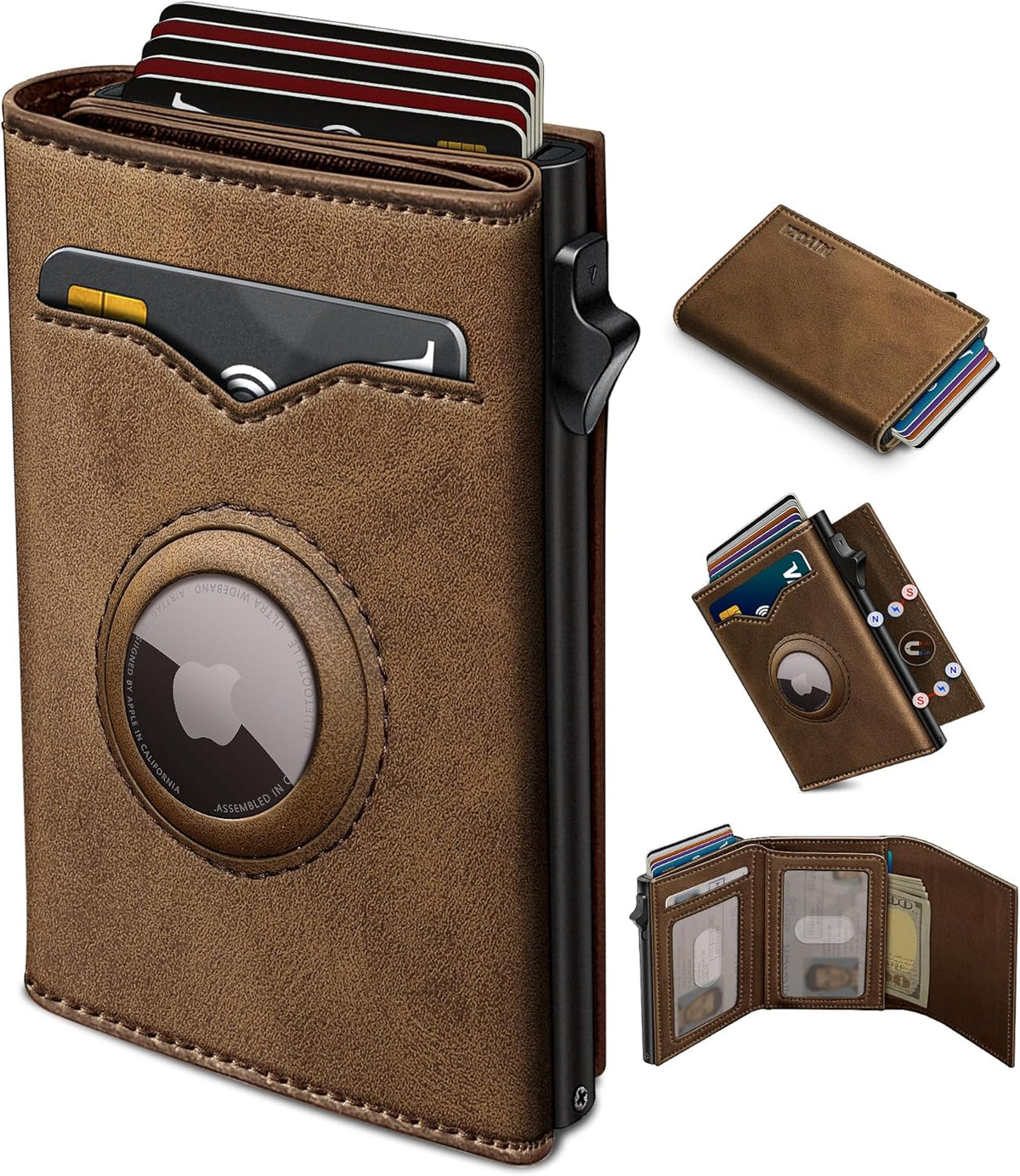 Airtag Wallet for Men,with Cash Pocket 2 ID Window 9-12 Cards,Metal Case Smart Slim Pop Up Credit Card Holder Flip with Magnetic Closure RFID Blocking Trifold wallet with Gift Box
