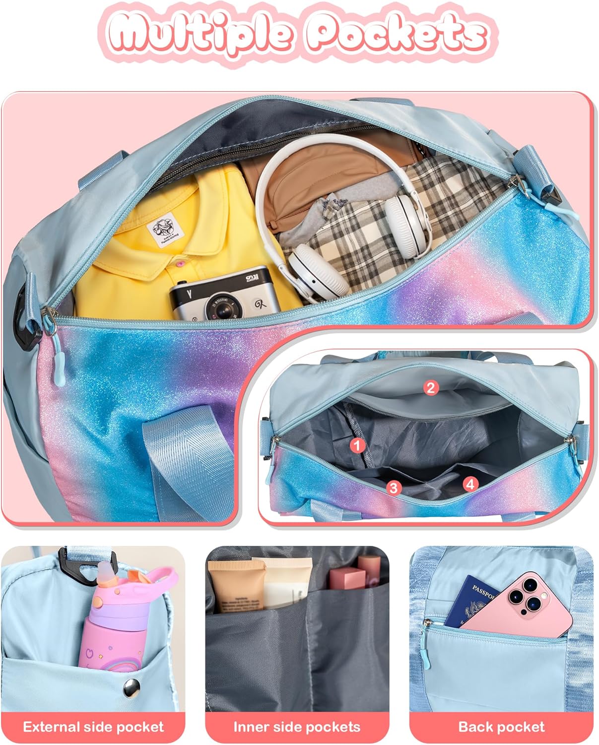 Girls Cheer Up Gifts-Girl Gym Bag with Shoe Compartment, Kid Personalized Weekender Overnight Bags, Initial Travel Tote with Makeup Pouch, Graduation Gift for Niece Kids Daughter (Letter K)