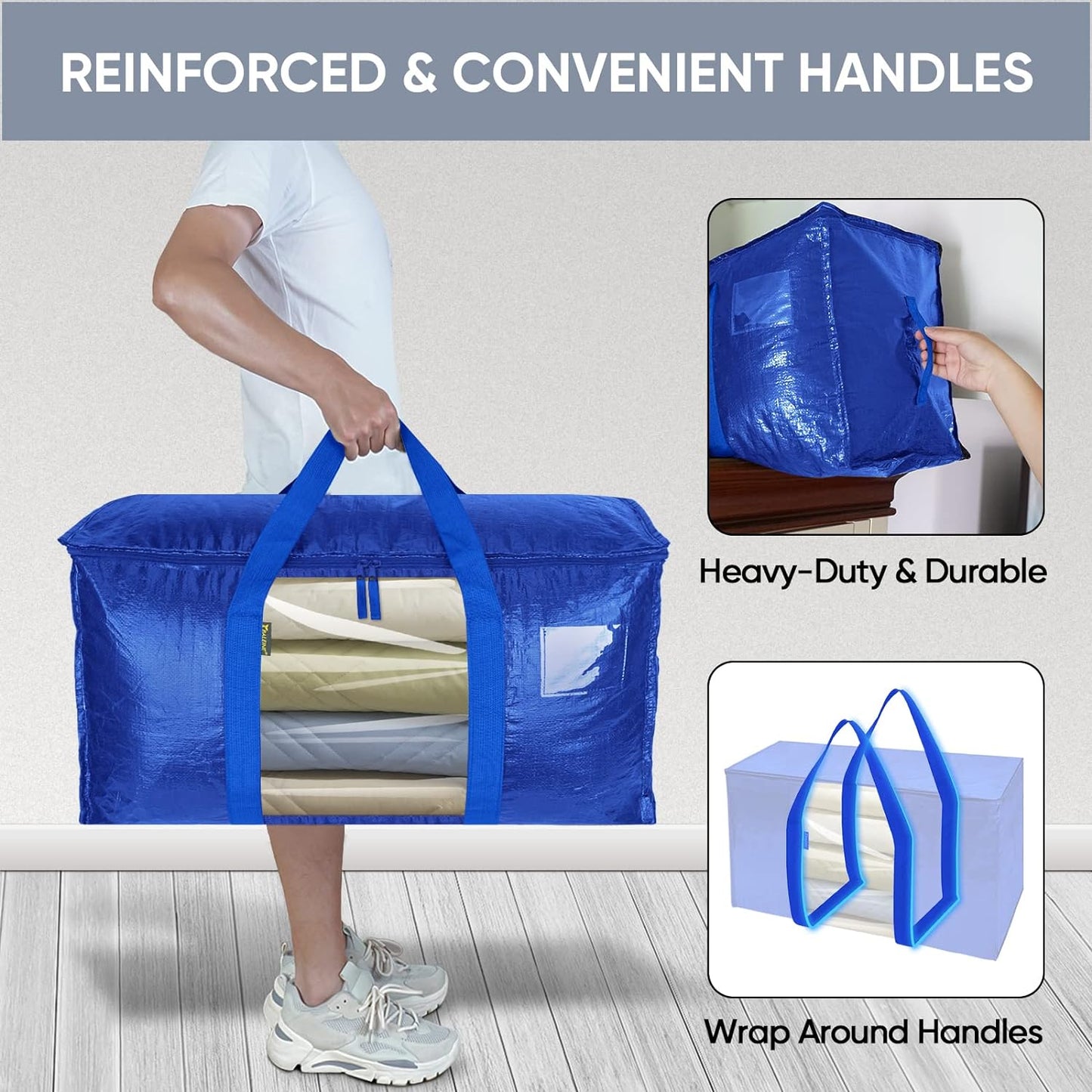 BALEINE 6-Pack Oversized Moving Bags with Reinforced Handles, Heavy-Duty Storage Tote Moving Supplies for Packaging, Camping (Blue w/Window, 6-Pack)