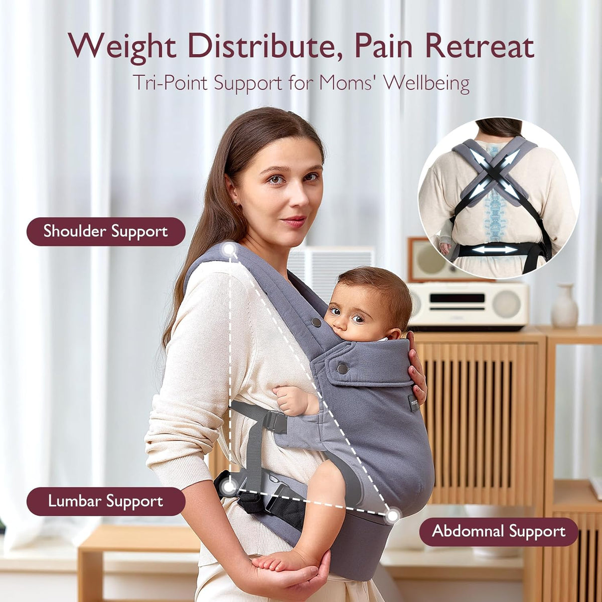 Momcozy Baby Carrier - Ergonomic, Cozy and Lightweight Carrier for 3-24 Months, Effortless to Put On, Ideal for Hands-Free Parenting, Enhanced Lumbar Support, Purehug for Infant to Toddler, Grey