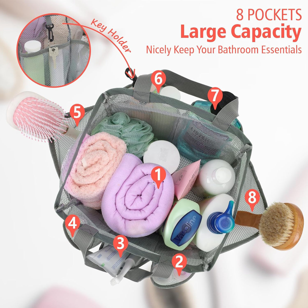 F-color Mesh Shower Caddy Portable, Upgrade Deeper 7 Pockets Shower Bag Basket Tote for College Dorm Room Toiletry Bathroom Essentials Gym Camp Quick Dry 2 handles with S Hook, Grey