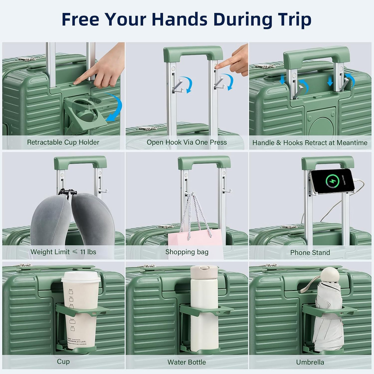 Hard Shell Suitcases Expandable Travel Luggage Sets 3 Piece, Carry on and Check in 3 Piece Luggage Suitcase Sets with Spinner Wheels Cup Holder Charger Built in (Forest Green, 20/24/28)