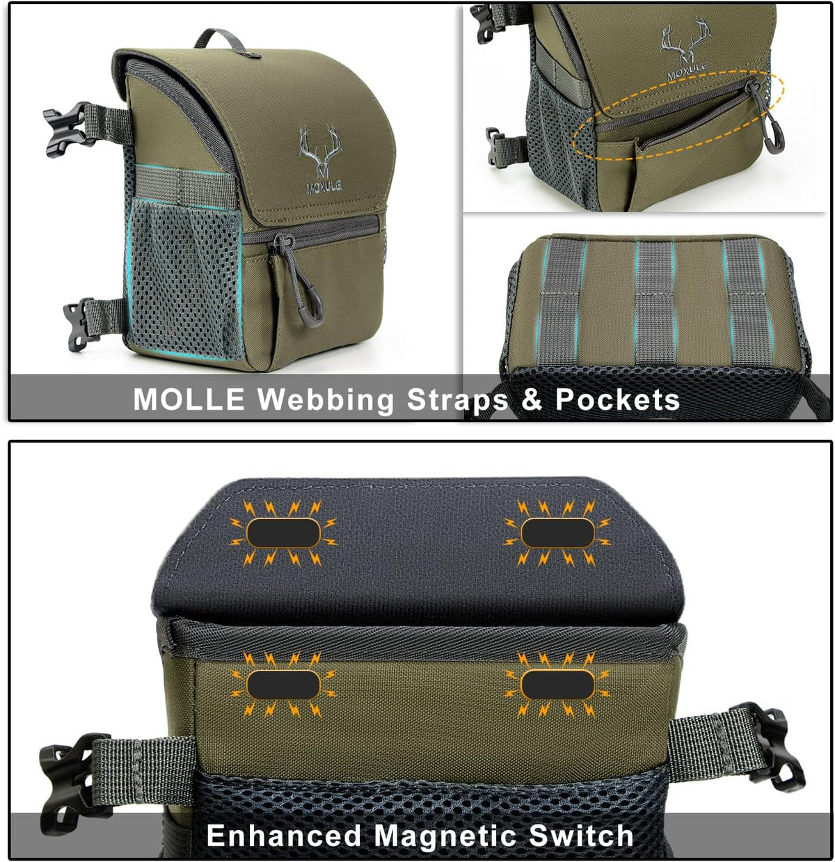 Binocular Harness Chest Pack: Bino Case with Magnetic Lid and Rain Cover for Hunting(Green)