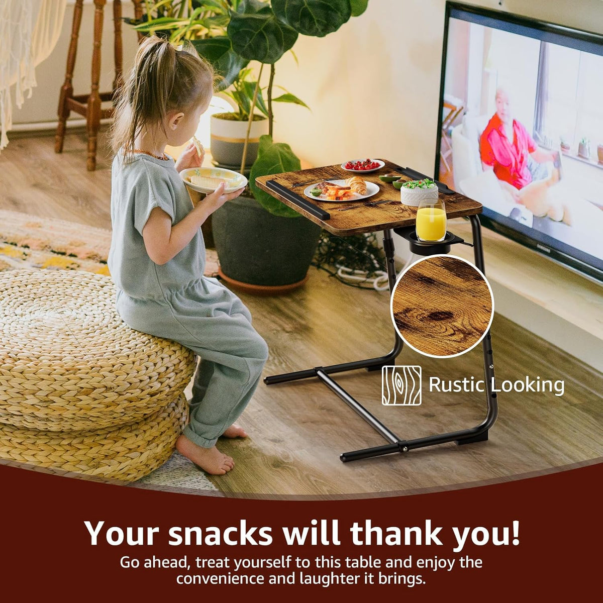 TV Trays Set of 2 - Folding TV Tray Adjustable Dinner Trays for Eating On Couch Wooden Tables Mate Stand Foldable Rustic Desk with Cup Holder Portable