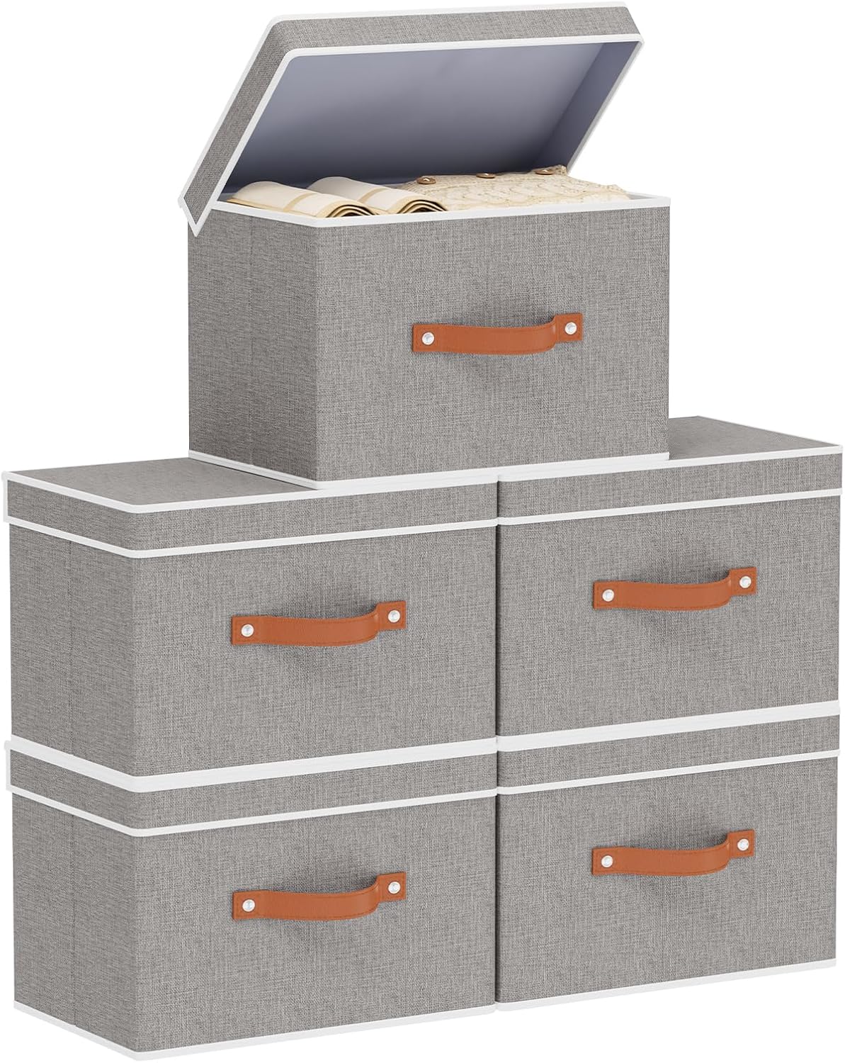 Collapsible Storage Bins with Lids, 5 Pack Linen Foldable Cloth Baskets, 15 x 9.8 x 9.8 Inch Closet Organizer Containers with Double Handles, Sweater Boxes for Bedroom, Grey