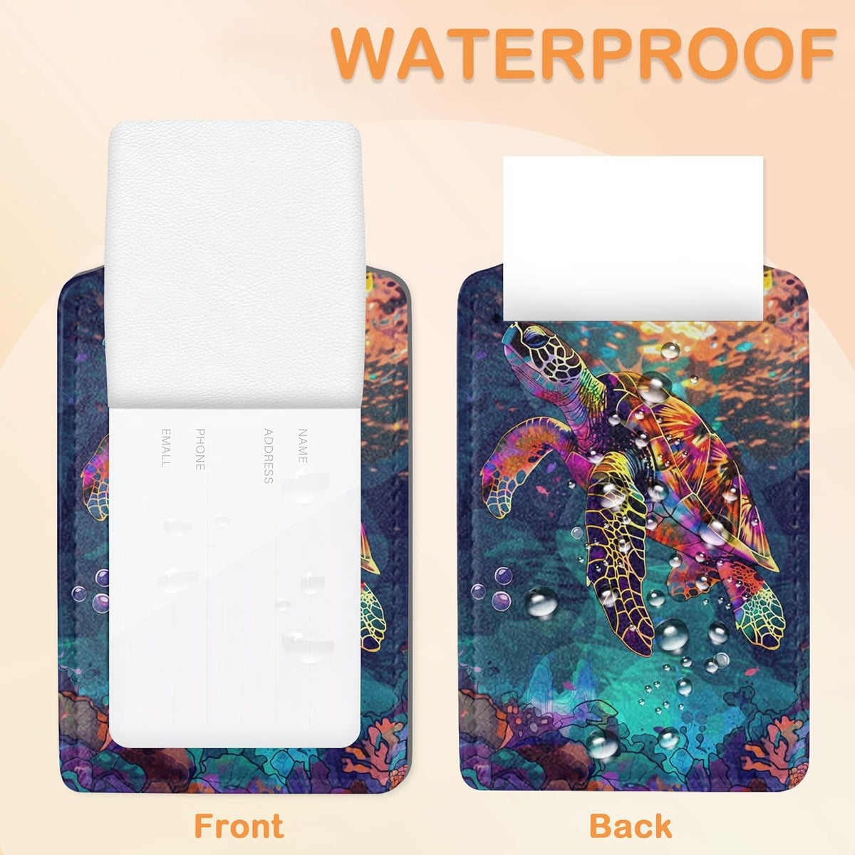 Colorful Turtle Shark 3 Pack PU Leahter Luggage Tag with Stainless Steel Loop, Cute Dolphin Jumping Sunset Travel Suitcase Labels with Privacy Cover ID Label Quickly Spot for Bags