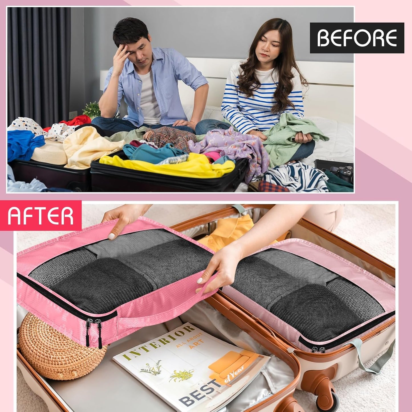 5 Pcs Packing Cubes for Suitcase Large Travel Cubes Carry on Luggage Organizer Bags for Clothes Accessories(S,Pink)
