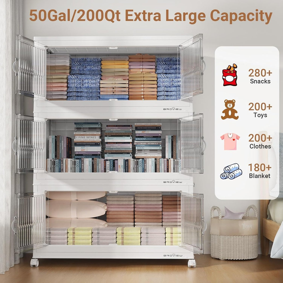 BROVIEW 600Qt Extra Large Stackable Storage Bins with Lid, Closet Organizer Collapsible Drawer Boxes with Wheels, Folding Plastic Cabinet Containers for Home Kitchen Room Organization, 3Pack White