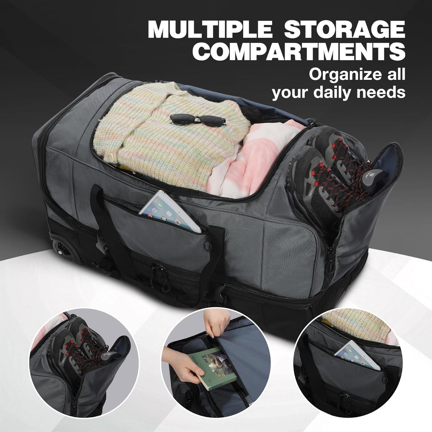 REDCAMP Large Rolling Duffle Bag with Wheels and Handle, 30-Inch Durable Heavy Duty Wheeled Travel Duffel Luggage, 2 Layers of Space