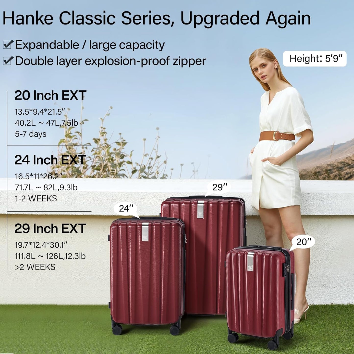 Hanke 24 Inch Expandable Checked Luggage Lightweight PC Hard Case Luggage Suitcases with Wheels TSA Luggage Rolling Large Suitcase Travel Luggage Bag for Go to University(Burgundy)