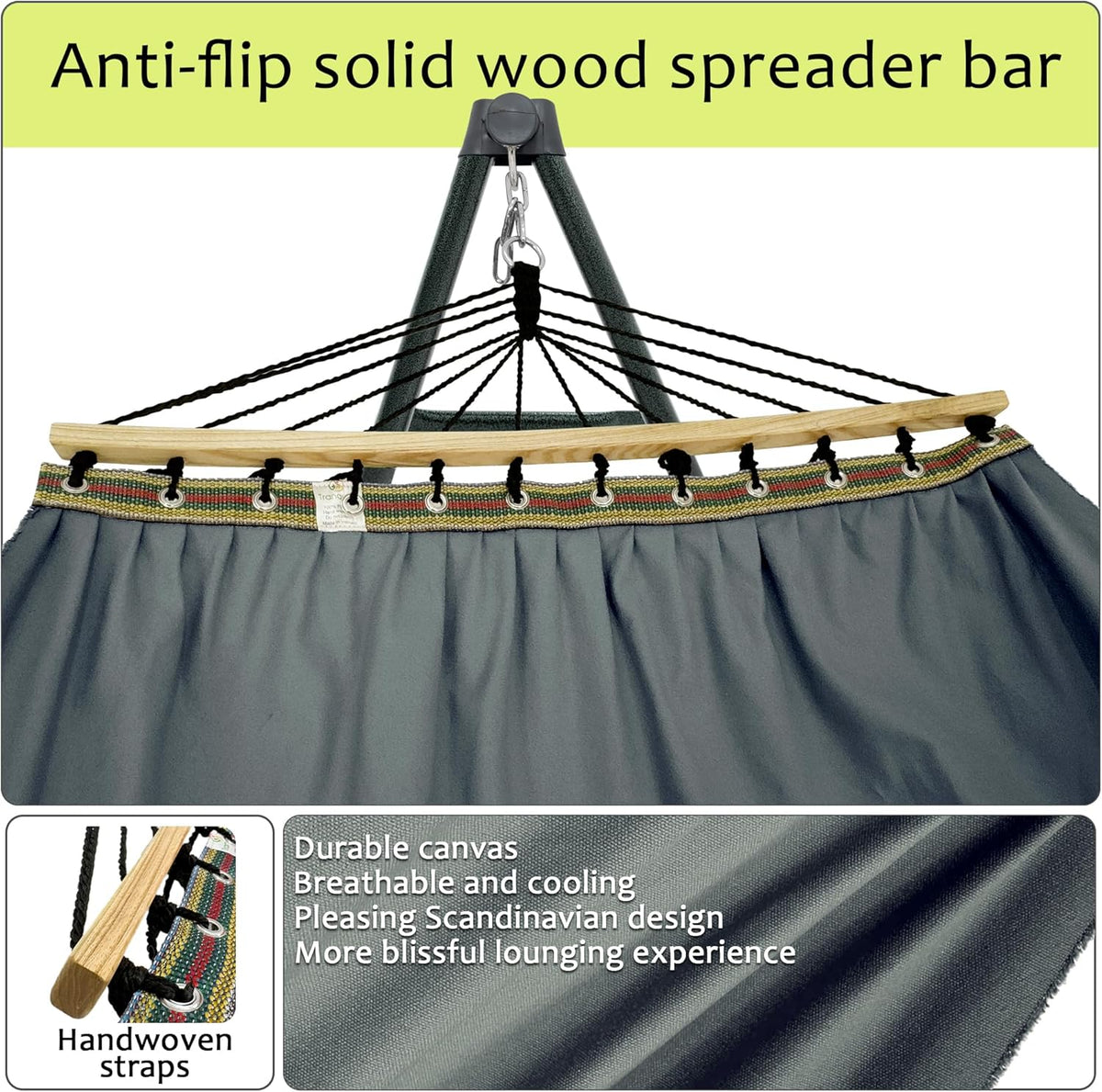Tranquillo Universal Hammock with Stands Electro Static Coated Steel, Adjustable Foldable Hammock Stand with 2 Layered Polyester Net and Carry Bag for 2 Persons (Canvas - Grey)