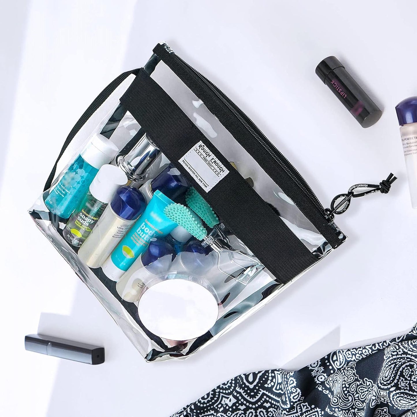 Rough Enough Clear Toiletry Bag Makeup Organizer Cosmetic Pouch with Zipper Handle for Travel Beach Essentials Storage