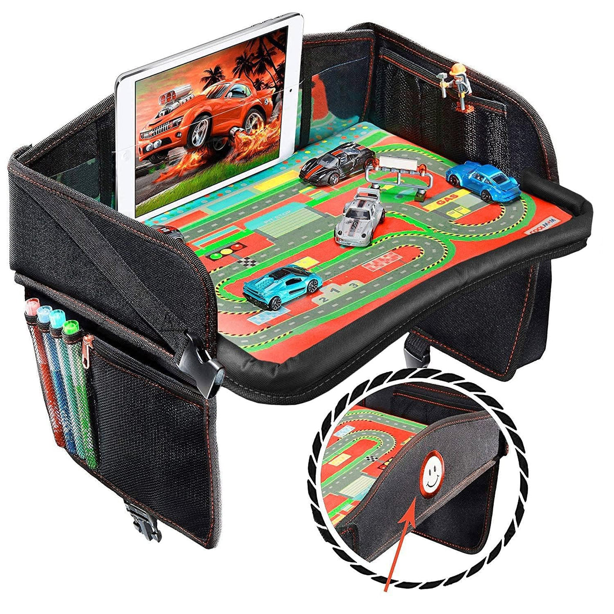 Coolmum Kids Travel Tray, Toddler Car Seat Tray, Double Sided Activity Organizer, Snack Lap Tray, Baby Stroller Table, Airplane Play Table, Waterproof and Foldable (Premium Black)