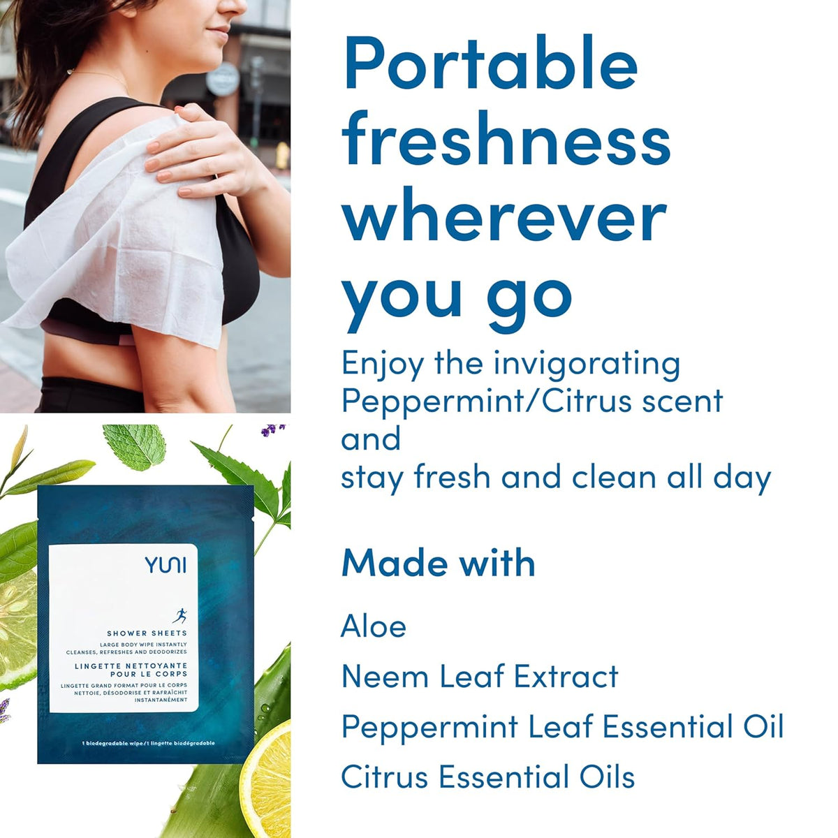 YUNI Beauty Large Body Wipes (Peppermint Citrus, 30 Count) Super Soft Moist Showerless Wipes that Cleanse & Deodorize - On-the-Go No Rinse Body Cleanser - Biodegradable Individually Wrapped