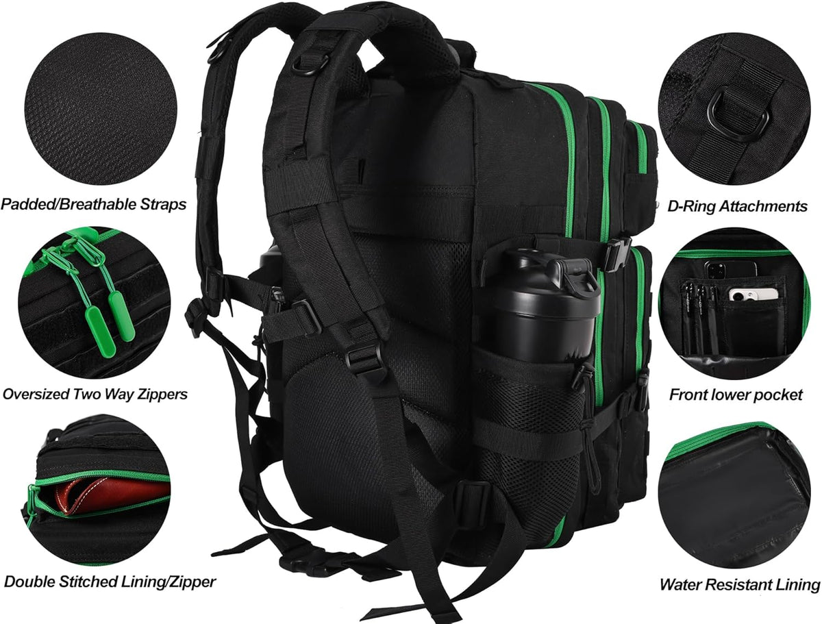 LHI Military Tactical Backpack for Men and Women 45L Army 3 Days Assault Pack Bag Large Rucksack with Molle System - Black with green zipper