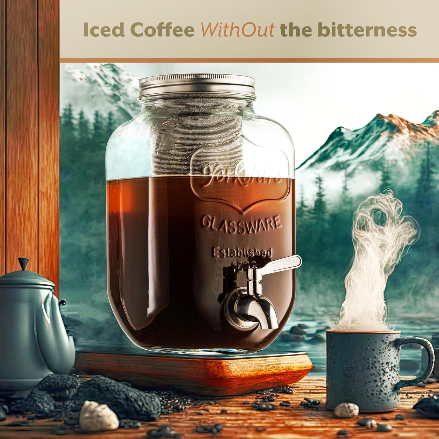 1 Gallon Cold Brew Coffee Maker - 3rd Generation Fine Mesh Filter - Stainless Steel Spigot - Extra Thick Large Glass Mason Jar Drink Dispenser Carafe, Iced Coffee Maker & Sun Tea Pitcher with Infuser.