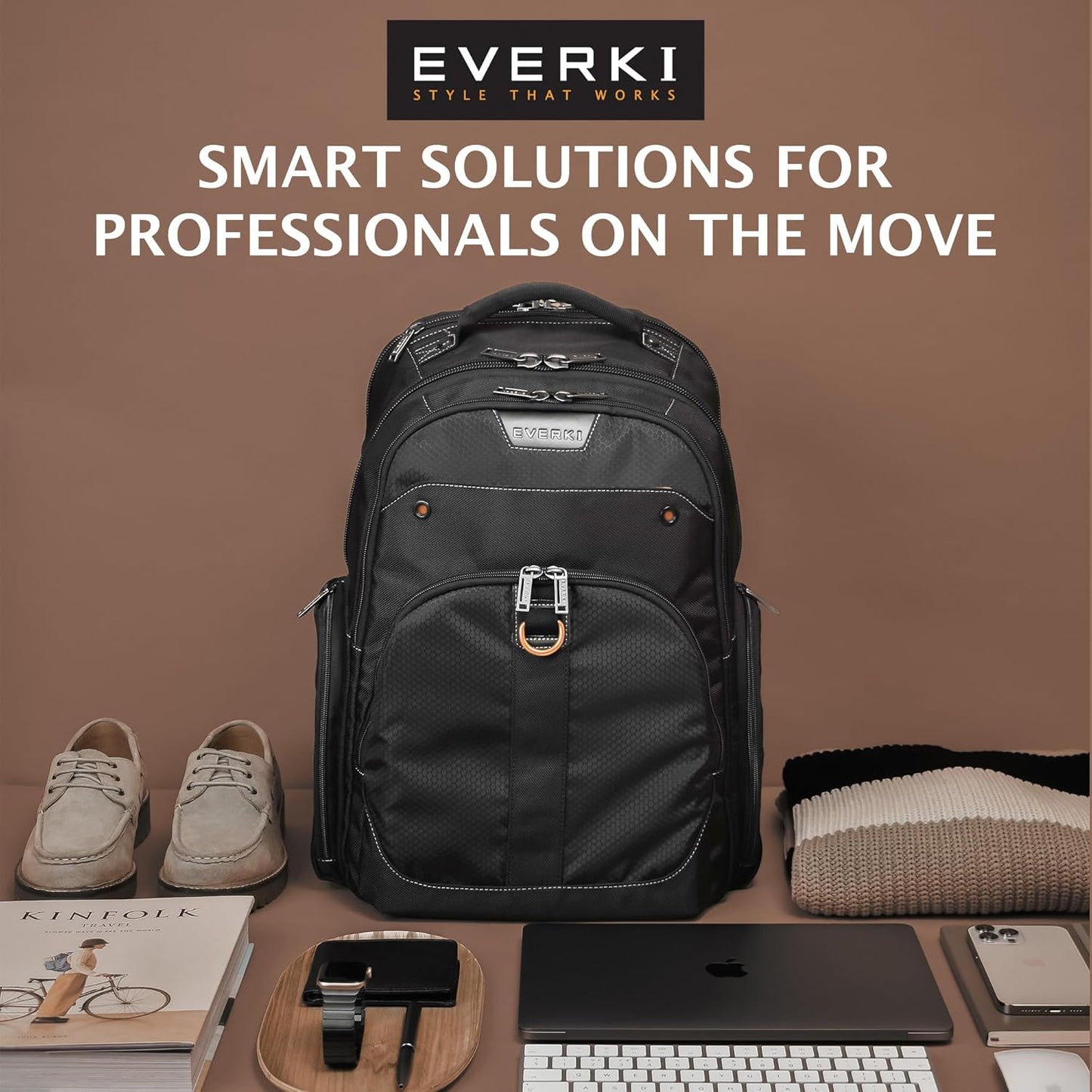 EVERKI 32L Atlas Business Laptop Backpack – Adjustable Compartment for Work, Travel-Friendly Business & Office Backpack for Men & Women, College, Durable Computer Bag, Fits 13"-17.3", Black