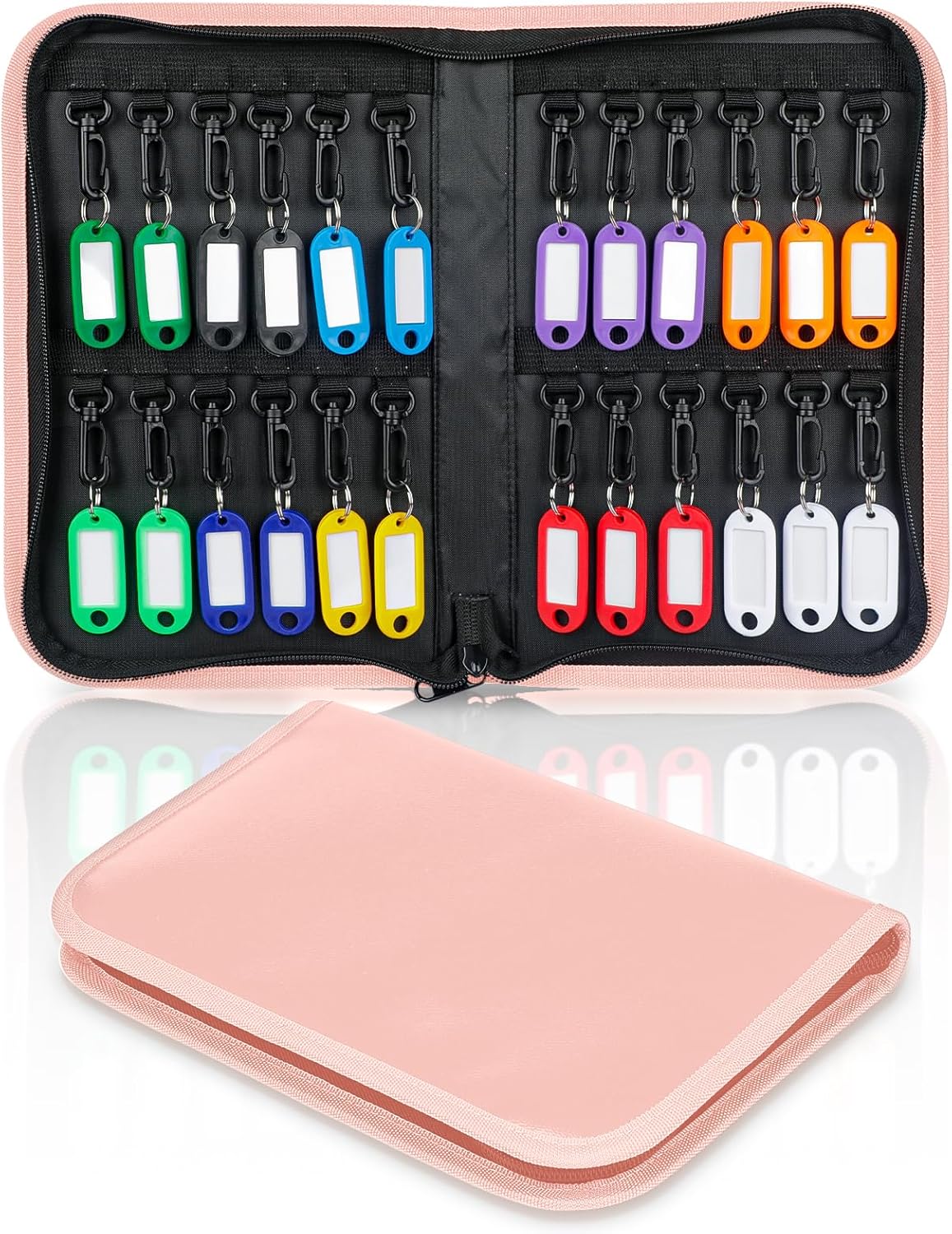 Uniclife Zippered Key Case Organizer Waterproof and Fireproof Pink Key Binder with 24 Hooks and Tags Portable Key Storage Book for Offices Real Estate Agencies Hotels and Rental Management