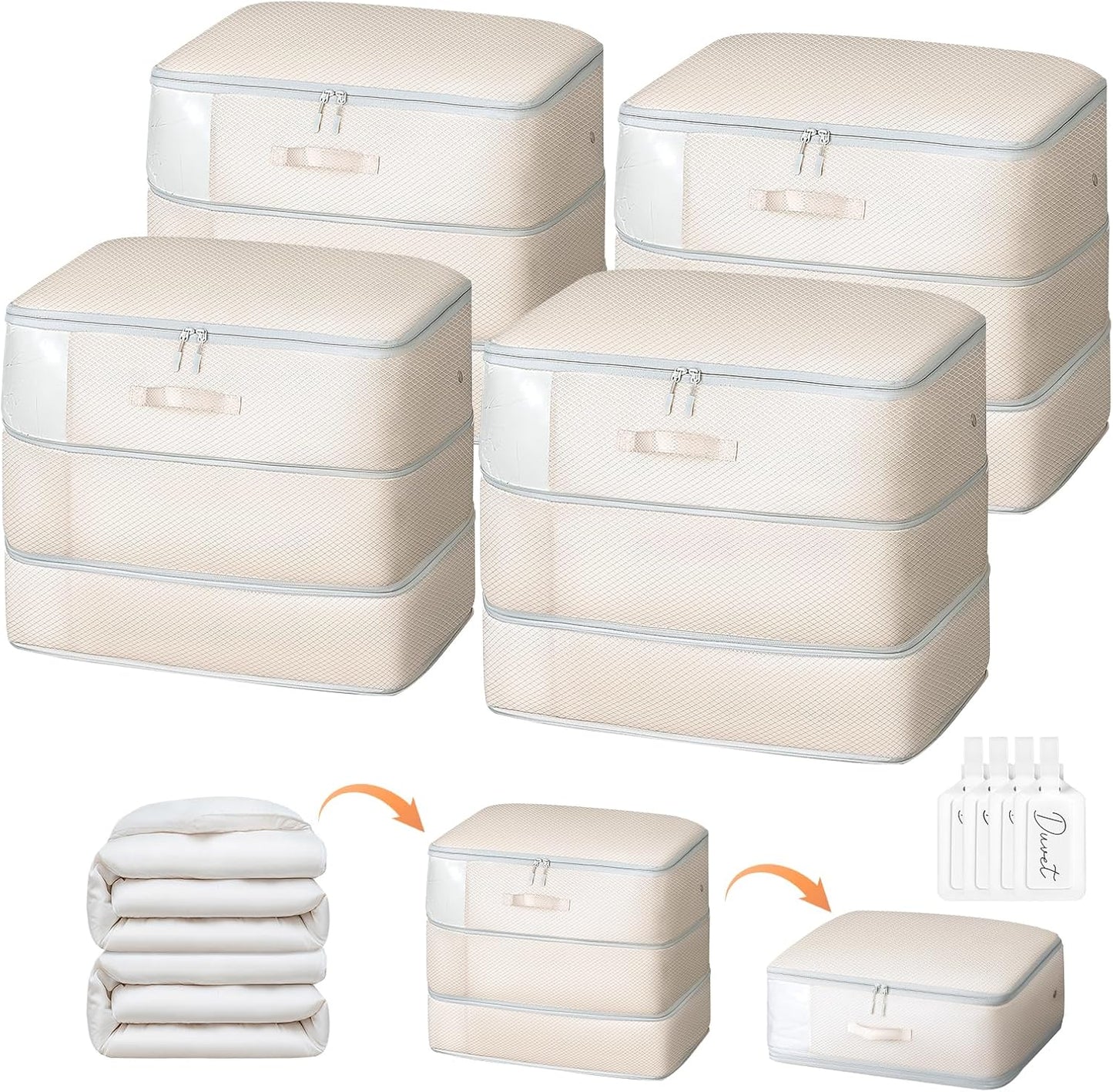 DIMJ Comforter Storage Bag - Large Capacity Ultra Space Saving Self Compression Organize for Duvet, Pillow, Bedding, Blanket Storage Organizer Nylon Compression Bags, Sheet Storage, Beige, 4 Pack