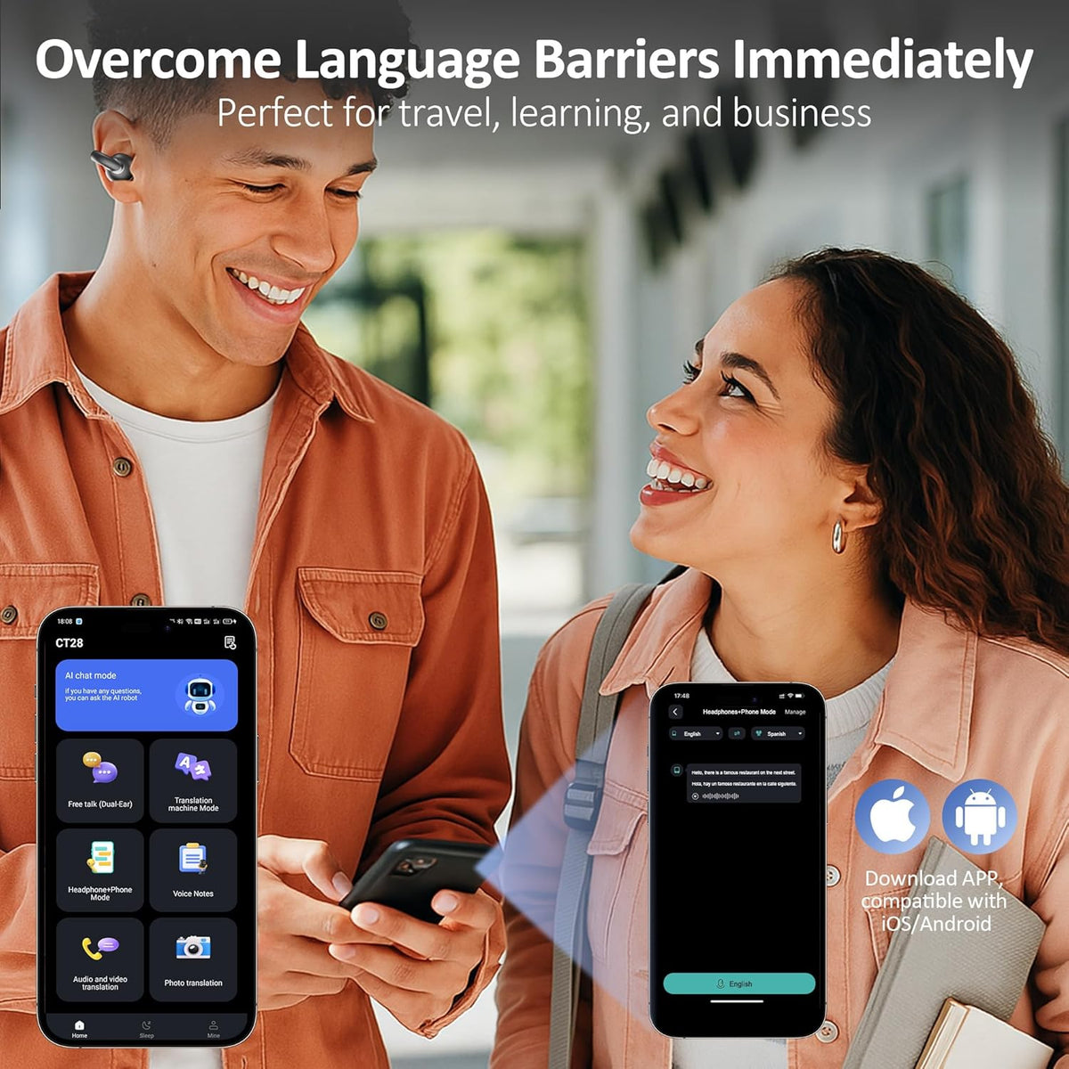 AI Language Translation Earbuds Real Time, IAMJOY Language Translator Earbuds Open Ear Clip-On Design, 163 Language & Accents Two-Way Translator Device with APP for Travel Learning Business, Black