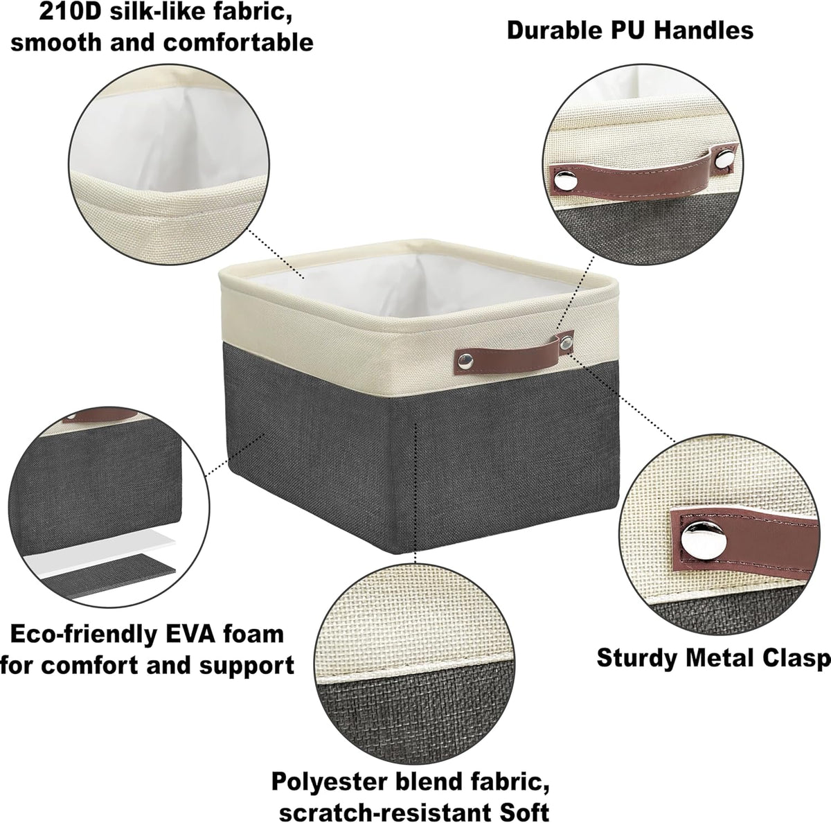 SIMPLE HOUSEWARE Large Fabric Storage Bin, 15" x 11" with Leather Like Handles, 3 Pack, Dark Gray