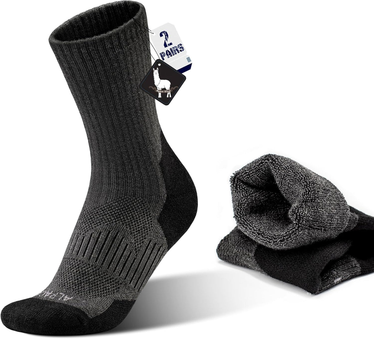 Alpaca Wool Hunting Socks 2 pairs for Men Women, Thermal Warm Compression Thick Winter Cushioned Hiking Boot Moisture Wicking