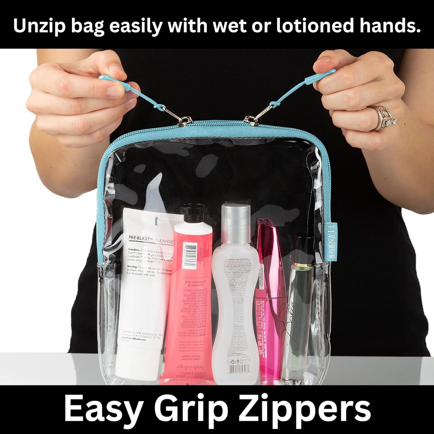BORSALI TSA-Approved Quart-Sized Bag for Carry-On Travel - One (1) Quart Clear Toiletries, Cosmetic and 3-1-1 Liquids Toiletry Bag - Light Blue