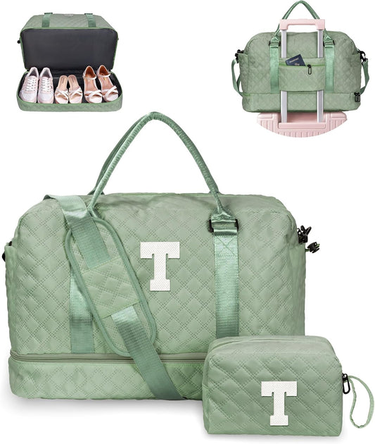 Gifts for Preteeens Girls 10-13-Initial Girl Travel Bag with Shoe Compartment, Weekender Bags for Women, Overnight Bag for Women, Travel Bag with Makeup Bag (Letter T)