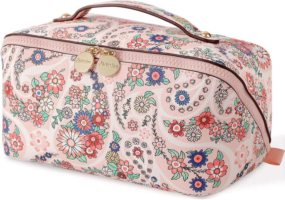 Aveniee Travel Makeup Bag for Women, Large Cosmetic Organizer with Open-Flat Design, Clear Divider & Handle - Waterproof PU Leather Toiletry Case (Floral Pattern)