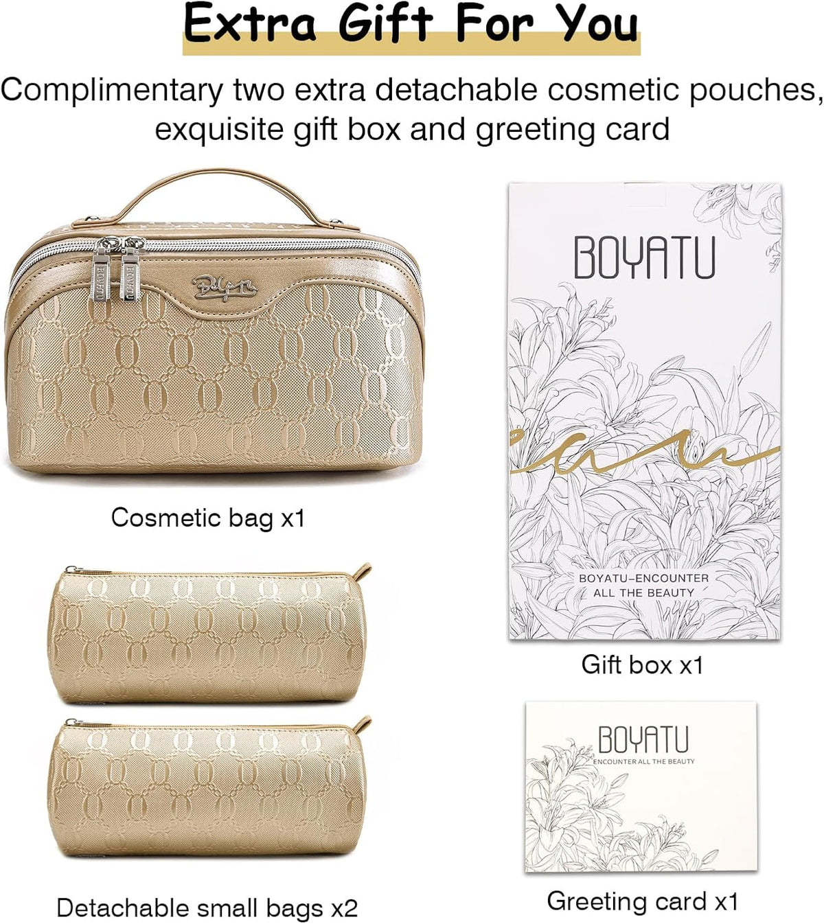 BOYATU Travel Makeup Bag for Women: Cosmetic Organizer Bag with Compartments - Leather Make up Bags Set of 3 (Gold Yellow)