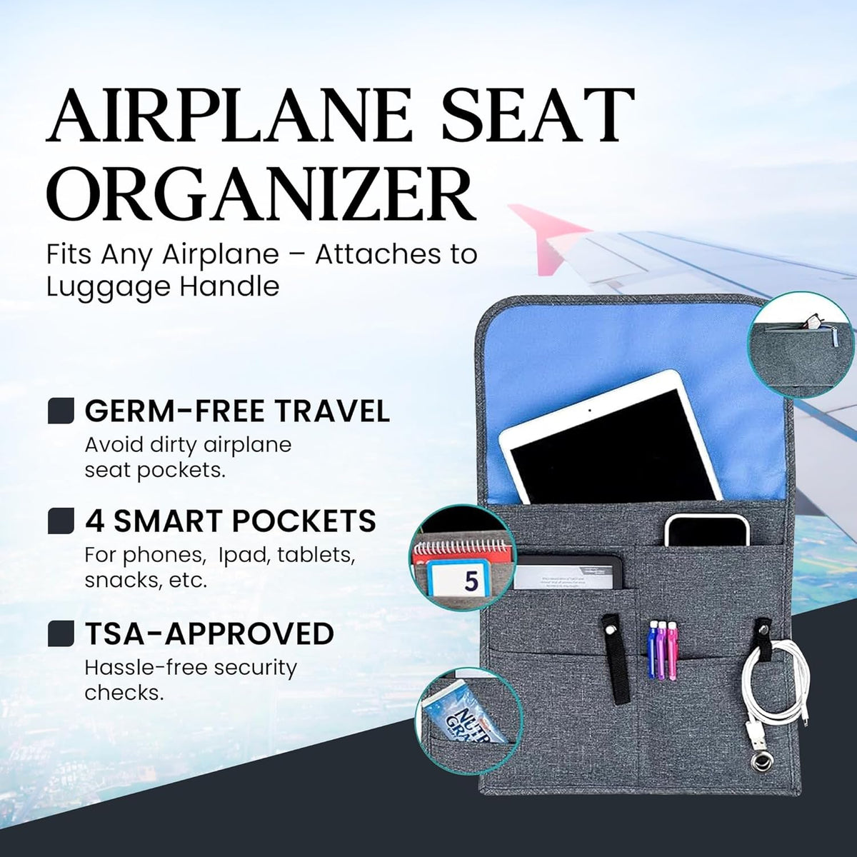 SO~MINE Airplane Pocket Organizer | Tray Table Cover | In Flight Seat Back Organizer Bag | Commuter Essential Travel Bag | Media Pouch For Flying | Travel Gift | Attaches To Luggage