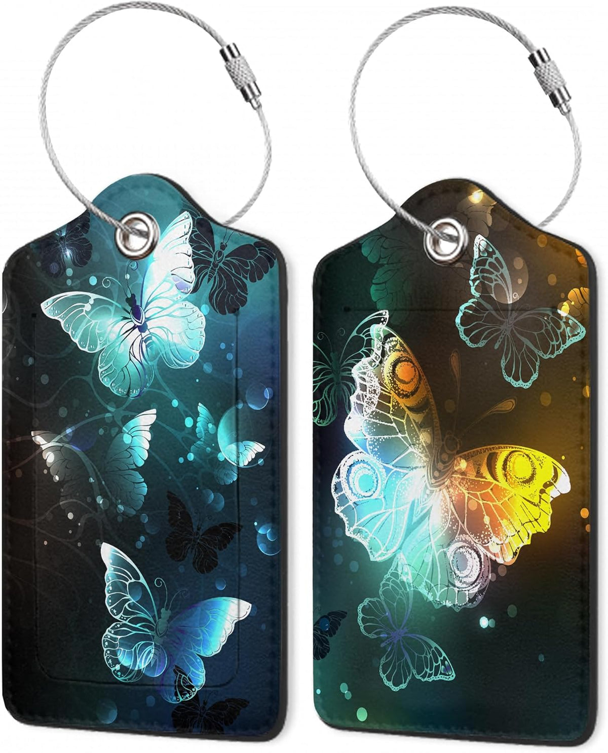 Luggage Tags for Suitcase,Glowing Butterfly Flying Luggage Tags of Set 2 Leather Identifiers Privacy Cover with Stainless Steel Loop for Women Men Travel Bag Suitcase