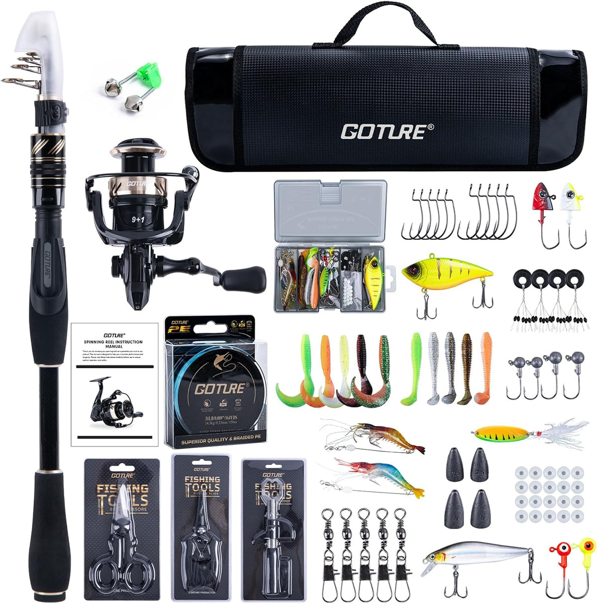 Goture Fishing Rod and Reel Combo - Carbon Fiber Telescopic Fishing Pole - Spinning Reel 9+1 Shielded Bearings Stainless Steel BB - A