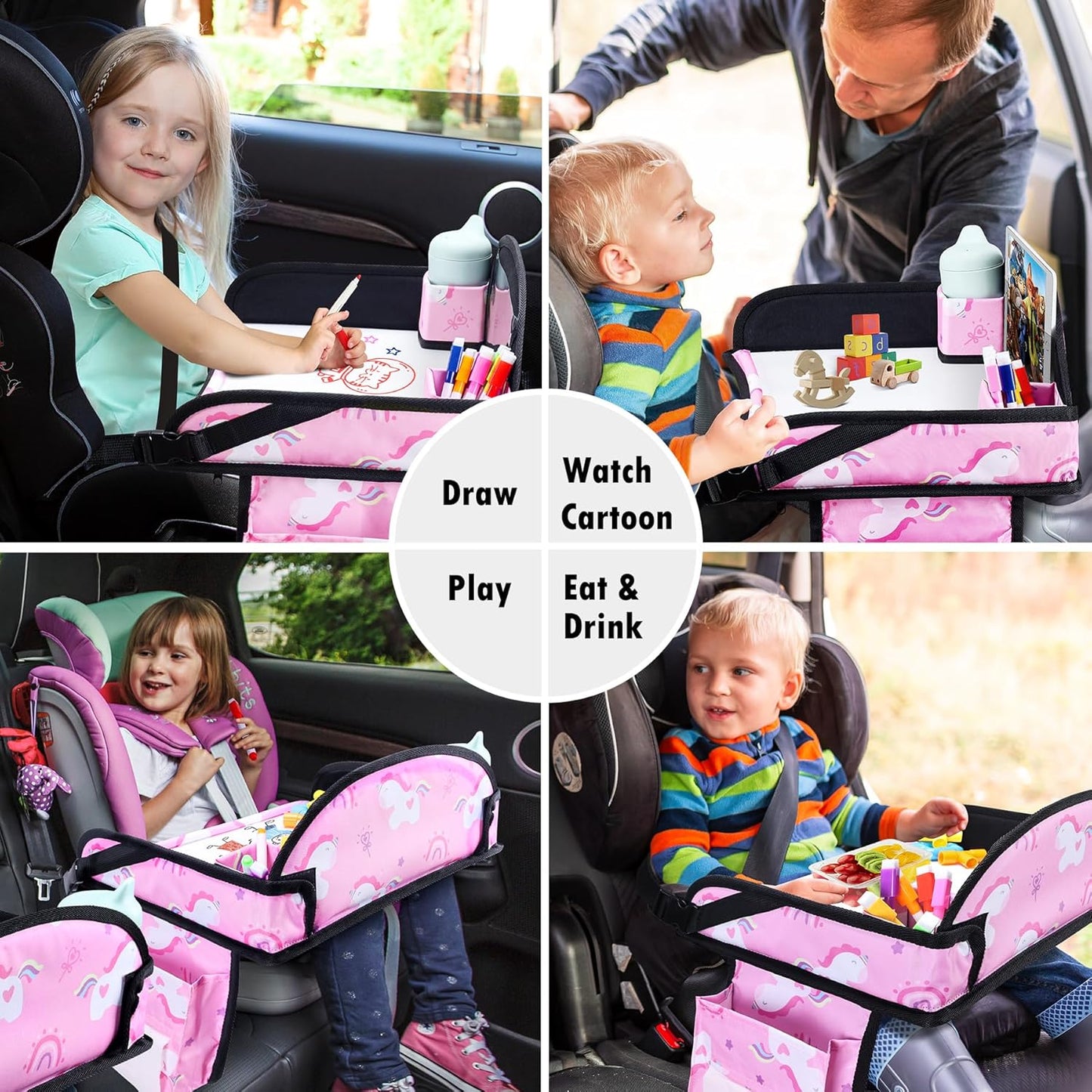 Kids Travel Tray, Car Seat Tray for kids Travel, Toddler Road Trip Essentials With Drawing Kit, Toddler Lap Desk Organizer for Car, Carseat Table for Airplane