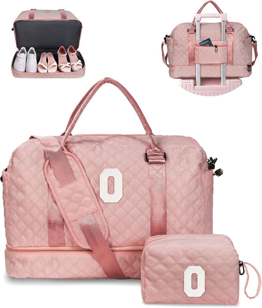 Teacher Appreciation Gifts for Women-Duffle Bag with Shoe Compartment, Personalized Weekender Bag, Overnight Bag, Letter Travel Bag with Makeup Bag，Birthday Gift for Daughter (Letter O)