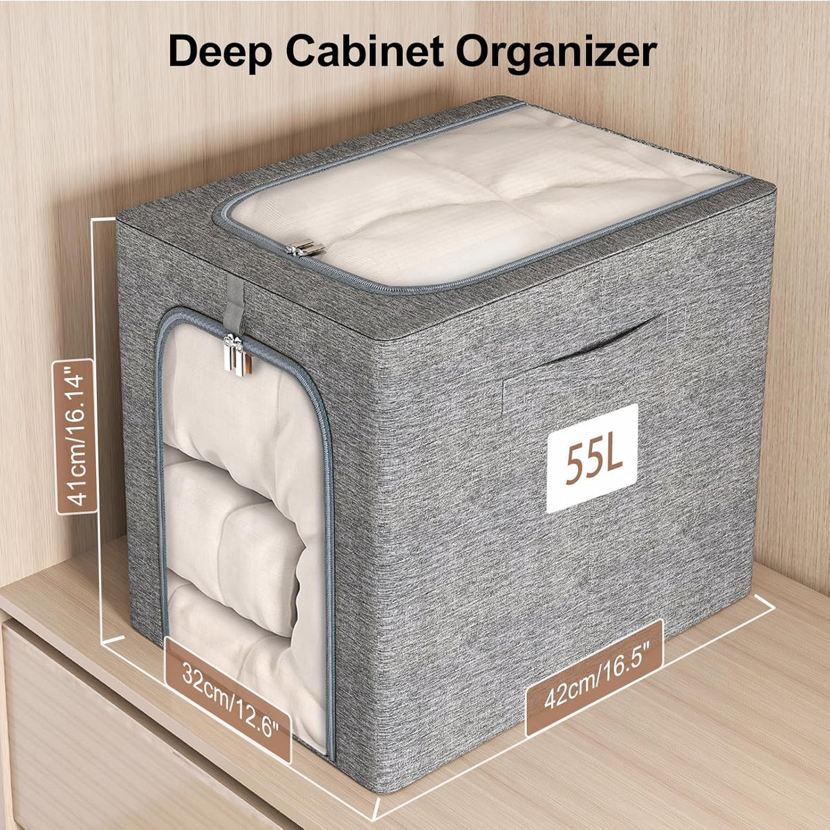 GoMaihe Clothes Storage Bins Metal Frame: 55L Extra Large Stackable Closet Storage Bin with Lid & Clear Window, Heavy Duty Blanket Box for Winter Coats Comforters (Fits Deep Closet 4-Pack)